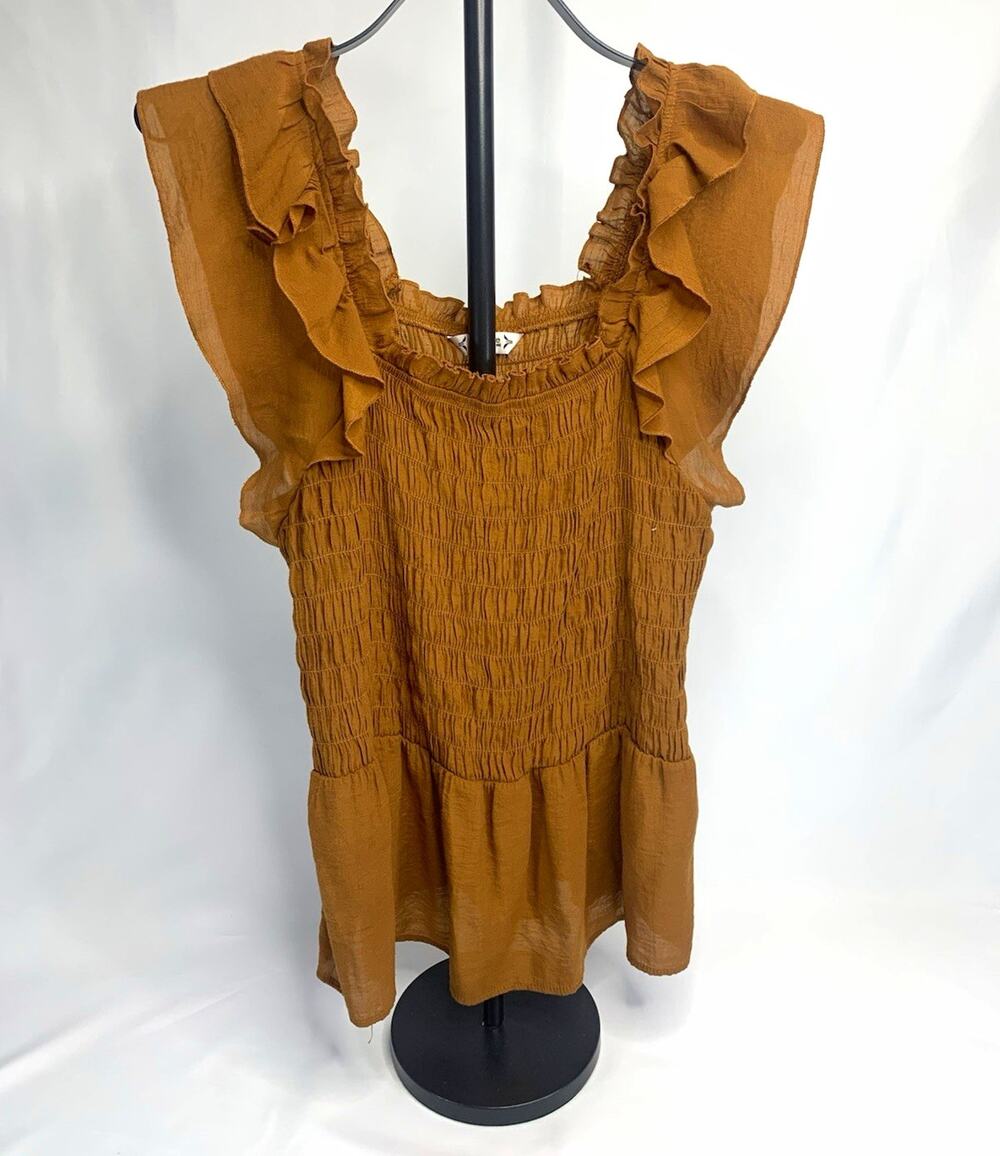 Nanette Lepore Women’s Brown Solid Square Neck Smocked Ruffle Tank Top L